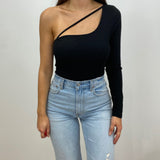 Quinn One Sleeve Black Bodysuit with Cut Out