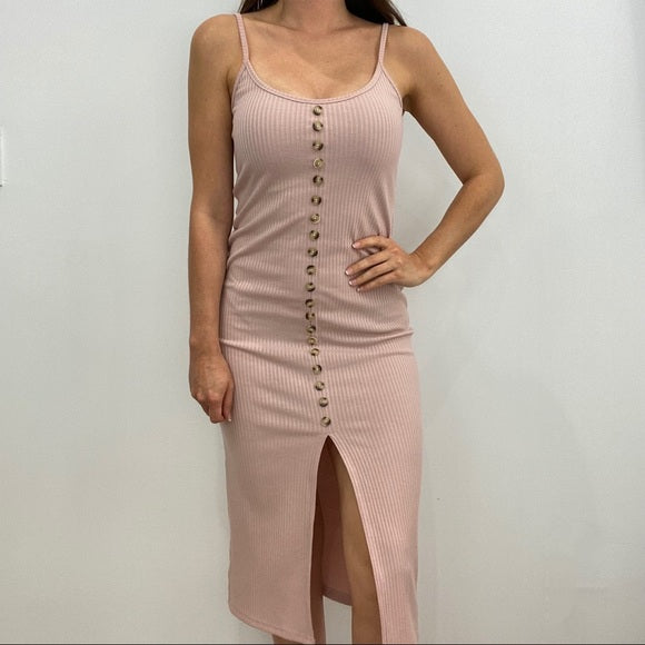 Pink midi dress with buttons down the entire front