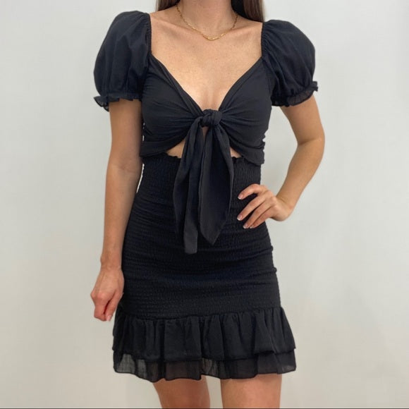 Adley Black Smocked Mini Dress