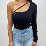 Quinn One Sleeve Black Bodysuit with Cut Out