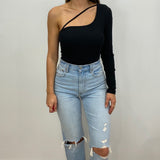 Quinn One Sleeve Black Bodysuit with Cut Out